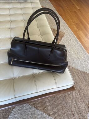 Structured Dark Brown Leather Satchel with Front Zip Pocket